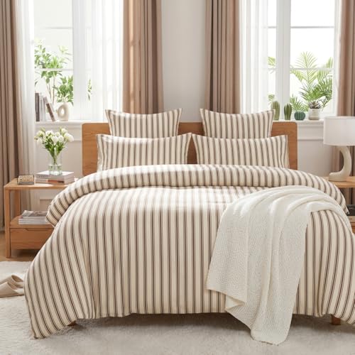 Image of Nayoroom Brown Striped Duvet Cover Queen Size Beige Striped Duvet Cover Dorm Bedding Set 3 Pieces Soft Lightweight Microfiber Farmhouse Bedding Set Gifts for Women Men