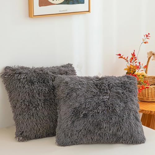 Dark Gray shaggy throw pillow covers 18"x18", Soft Decorative Fuzzy Fluffy dark gray pillow cases, Plush Furry Faux Fur cushion covers for sofa, bed, and living room decor, Set of 2 with zipper