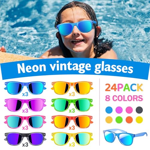 24Pcs Kids Sunglasses Bulk with UV Protection, Neon Translucent Sunglasses for Summer Beach Party Favors Toys, Goody Bag Stuffers, Classroom Prizes3