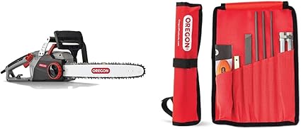 Oregon CS1500 18-inch chainsaw showing PowerSharp self-sharpening system