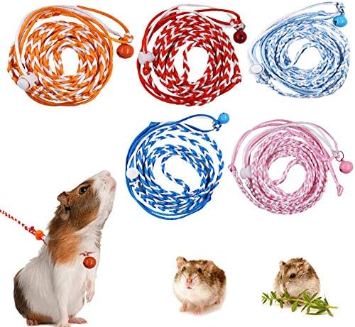 WoYous Hamster Harness 5 Pieces Adjustable Small Animal Bell Harness Rope Harness for Lead Walking Pet Gerbil, Rat, Mouse, Hamster Harness