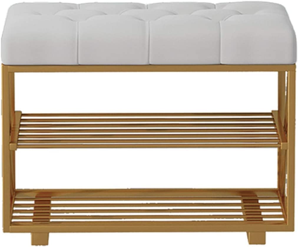 GDMDPTE Nordic Double Layer Shoe Bench with Flannel Cushion Entryway Storage Bench for Shoes and Boots Wrought Iron Frame Shoe Rack Bench for Home Entrance or End of Bed Storage
