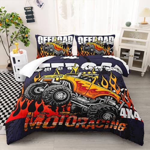 Ntlfup Monster Truck Comforter Set Queen Size, Monster Truck with Fire Pattern Racing Sport Bedding for Boys Teens Adults, Moto Racing Theme Bedding Room Decor