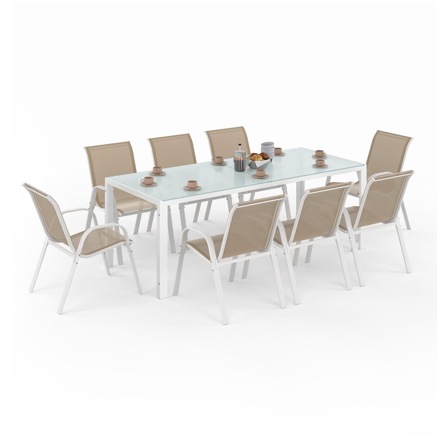 IDMarket – Salón de jardín Madrid Mesa 190 cm y 8 sillas apilables blanco y beige