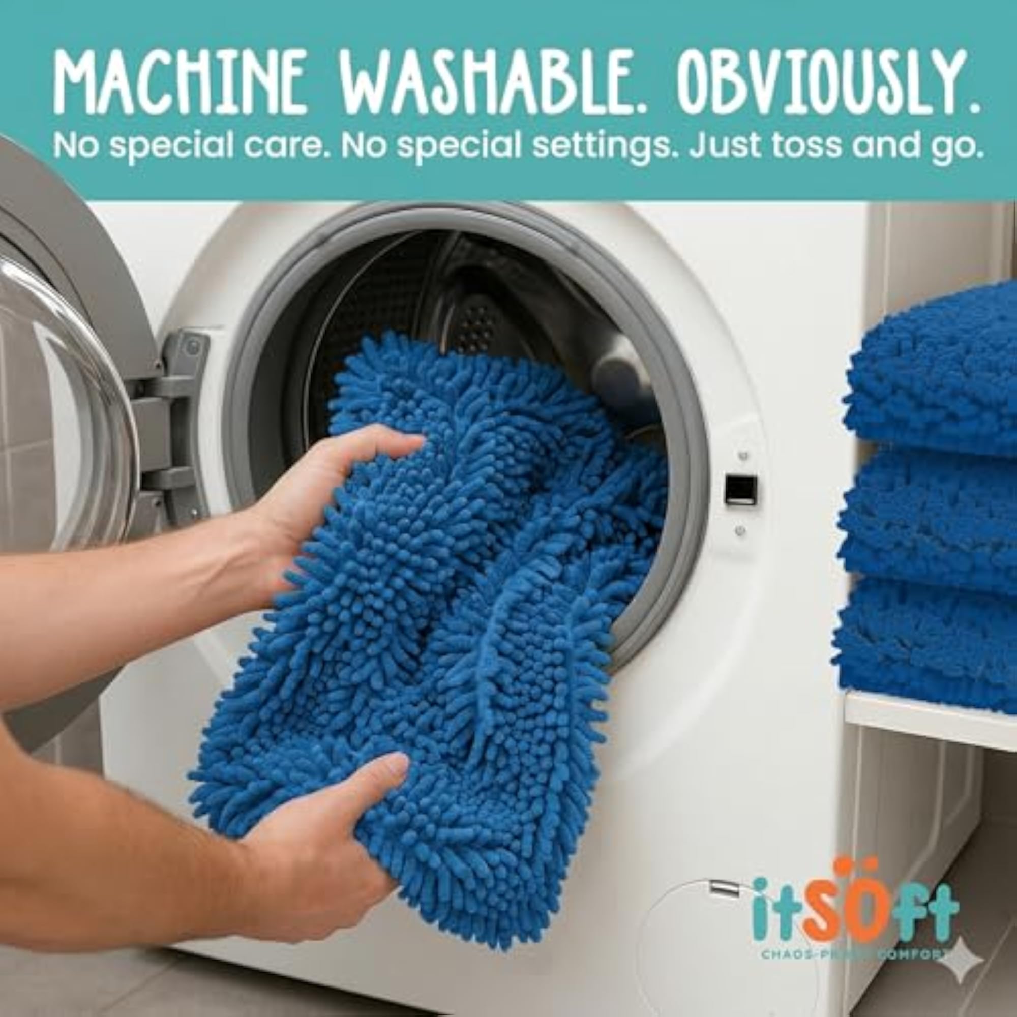 Non Slip Shaggy Chenille Bath Mat, Blue