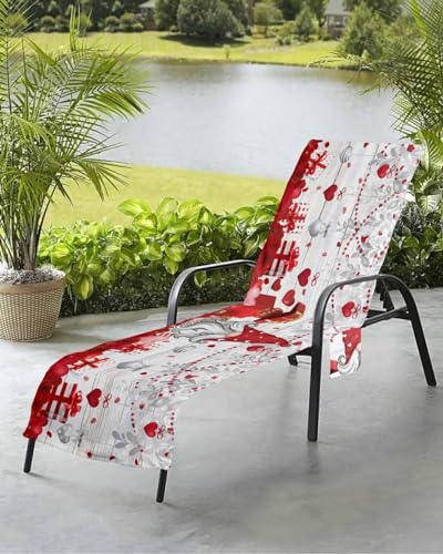 Valentine's Beach Chair Towel Covers for Chaise Lounge With Side Pocket, Soft Plush Pool Towels Cover for Patio Sunbathing Outdoor 29''x85'' Wood Gnomes Rose Silver Plant Leaves