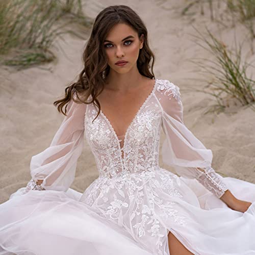SanLIJIAN Women's Beach V-Neck Puff Sleeve Wedding Dress Tulle High Slit Backless Bridal Gown Lace Applique4