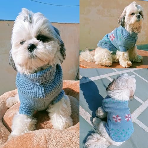Image of Lulala Turtleneck Dog Sweater - Winter Coat Apparel Classic Cable Knit Clothes with Leash Hole for Cold Weather, Ideal Gift for Pet (Blue, 8 Inch)