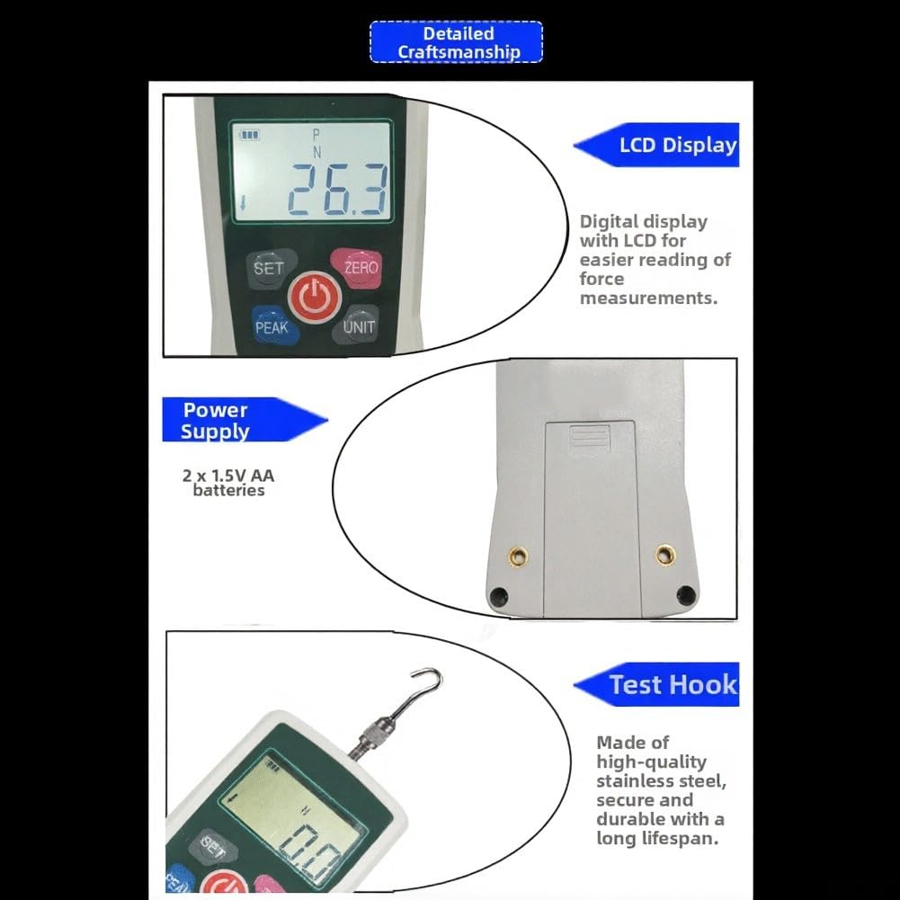 Medidor digital de fuerza de empuje y tracción 50 N con alarma de retroiluminación para control de calidad y pruebas de materiales, 124 x 60 mm (50 N)