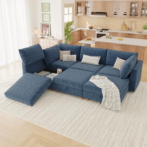 Image of 99 inch Modular Sectional Sleeper Sofa Bed with Storage & Washable Covers, 6-Seater Chenille Modular Sofa Bed with Movable Ottoman Chaise, Convertible Sleeper Sectional Couches for Living Room, Blue