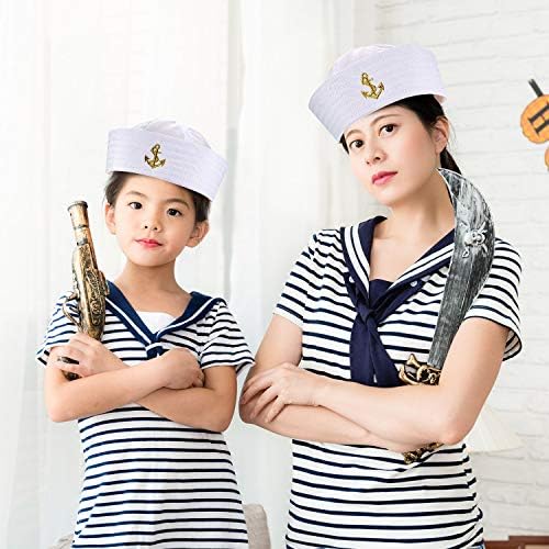 Boao 6 Pieces White Sailor Hat Captain Caps with Golden Embroidery Yacht Nautical Hats for Adult Sailor Costume, Dress Up Party Hat