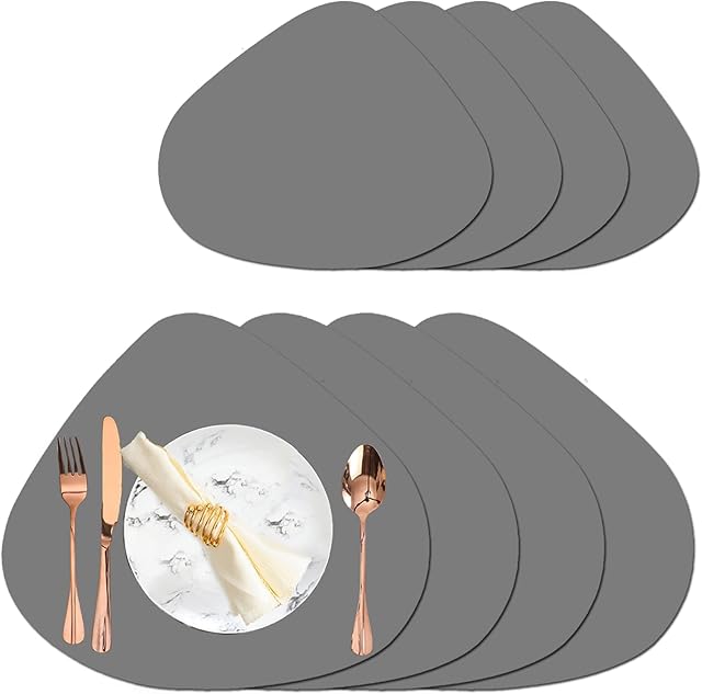 FINGER TEN Placemats And Coaster Set Of 4 European Leather PU Insulation Table Mat, Placemat Waterproof Oilproof Insulation Table Mat Pu Western Placemat Kitchen Home Dining Table (Set Of 4, Grey)