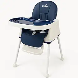 PIPDIP Cadeira de Alimentação Bebê, Modelo 2 em 1, Idade 6 meses até 2 anos, Suporta até 23kg, Cinto 3 Pontos, com Capa, Sobrebandeja, Apoio Pés, Azul e Branco.