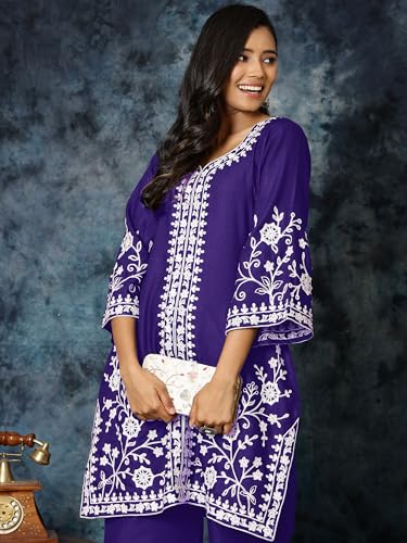 Image of EthnicJunction Women's Cotton Blend Chikankari Embroidered A-Line Kurta Palazzo Set Ethnic Wear Office Wear Daily Wear Festive Kurta Set for Women