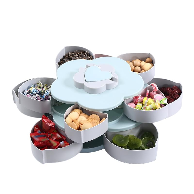 EUBUY Snack Storage Box, Rotating Candy Box Petal Shape Food Snack Storage Box, Food Fruit Storage Box, Double Deck Petal Shaped Platter for Home Party Wedding