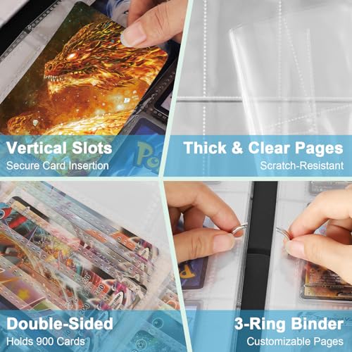 Image of Dragon 9 Pocket Trading Card Binder Album, Holds 900 Cards with 50 Removable Double-Sided Sleeves, Waterproof PU Leather Zipper Binder for TCG, MTG, Sports Cards