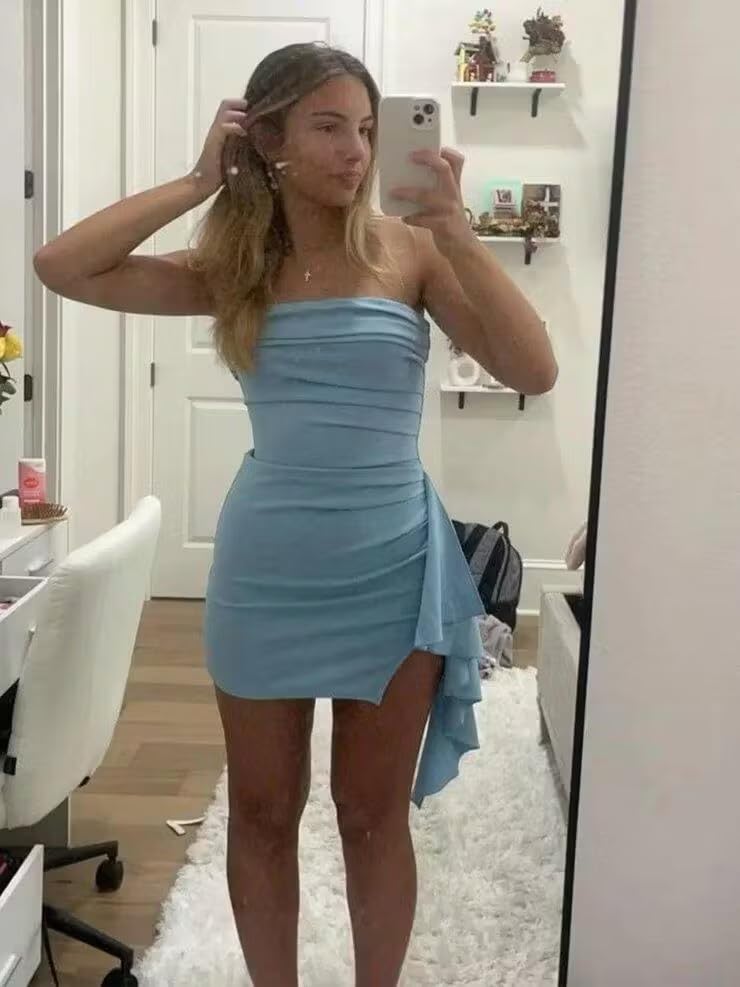 Satin Strapless Homecoming Dresses for Teens 2025 Short Ruched Tight Mini Cocktail Party Dress with Slit AU1664