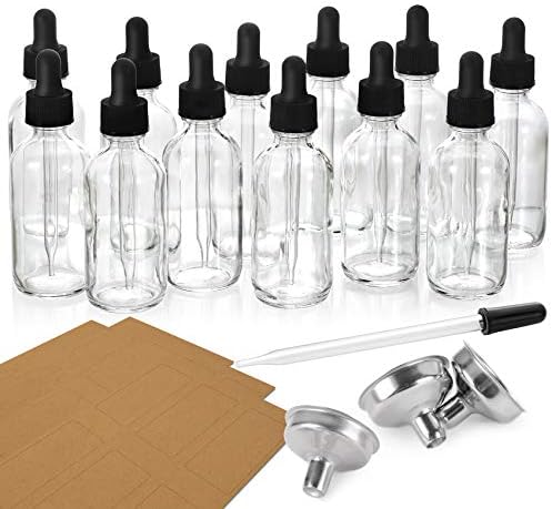 12 Pack, 2 oz Glass Dropper Bottle with 3 Stainless Steel Funnels & 1 Long Glass Dropper - 60ml Clear Glass Tincture Bottles with Eye Droppers for Essential Oils, Liquids - Leakproof Travel Bottles