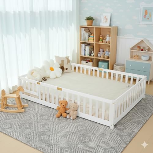 NAIZEA Kids Floor Bed Twin Full Size,Low Montessori Bed with Fence and Door