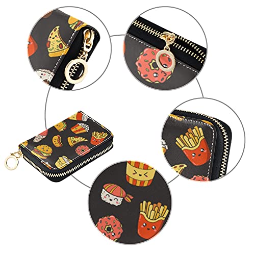 Fast Junk Food Hamburger French Fries Ice Cream Faces On BlackGrey Credit Card Coin wallet, RFID Blocking Compact Women Leather Card Holder, Key Change Organizer, Zipper Purse Clutch Pouch Pocket3