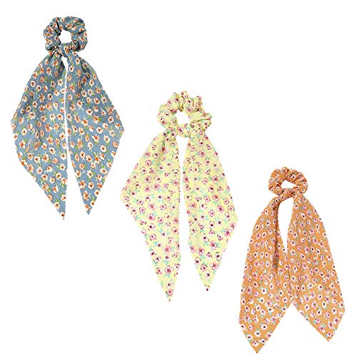 RTTYOA 3 Packs Scarf Scrunchies, Polka Dot Daisy Flower Hair Scarf Scarves, Satin Silk Long Tails Scrunchy, Bowknot Hair Bands, Elastics Ponytail Holder, Donut Hair Ties for Women Girls (Style12)