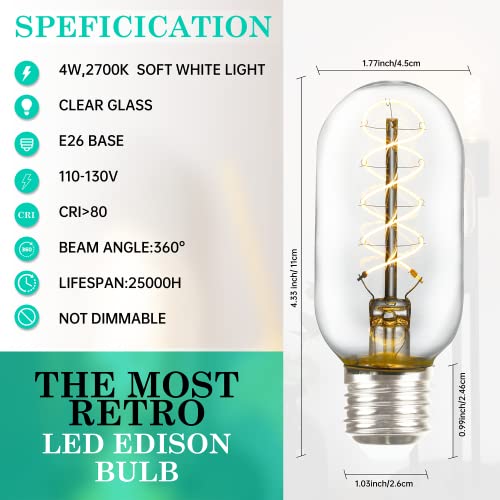Amdtu Non-Dimmable Edison Bulbs 40 Watt 2700K Soft White, Super Thin Spiral Filament Vintage Led Light Bulbs 2 Pack, T45 Incandescent Tubular Bulb 40W Equivalent, Clear Glass 4W 120V E26 Base #TOP4