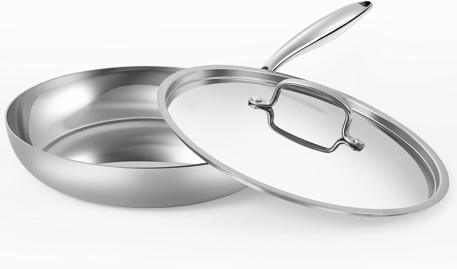 10 inch stainless steel frying pan - 3 ply stainless clad skillet with lid, durable and even heating, professional cookware for induction, all stoves compatiable oven & dishwasher safe 10" w/steel lid