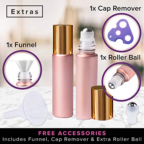 Rose Gold Ultimate Essential Oil Roller Bottles Set With Stainless Steel Balls, 10 Pack 10ml Leakproof Glass Bottle With 11 Rollerballs For Perfume & Aromatherapy Oils 1 Funnel + Opener & 192 Labels