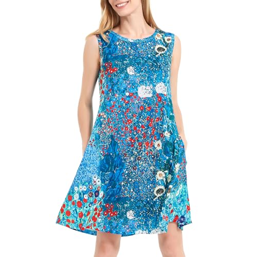 Image of Scotamalone Summer Dresses for Women Casual Beach Travel Vacation Floral Tshirt Sundress Tank Dress Sleeveless with Pockets