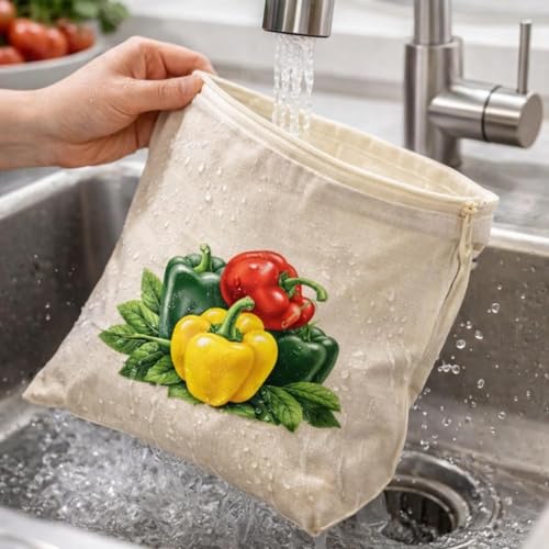 Image of 100% Cotton Reusable Vegetable Storage Bags for Fridge 12pcs | 11x13 inches | Washable Breathable Zipper Cloth Bags | Eco Friendly Kitchen Organizer for Fruits & Veggies (Pack Of 12)