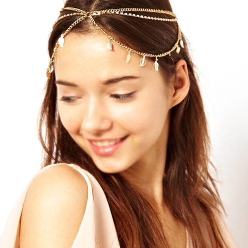 HuaYang Lady Girl Forehead Crystal Leaf Style Tassels Headband Link Chain Cuff Headpiece