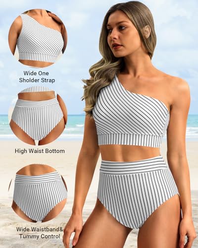 Image of Holipick Black Stripes Women One Shoulder High Waisted Bikini Sets Two Piece Swimsuit Tummy Control Bathing Suit Full Coverage Swimwear L