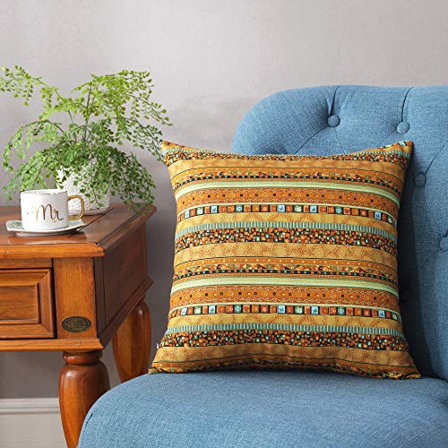 TAOSON Light Gold Stripe Bohemian Style Antique Cotton Blend Linen Sofa Throw Pillowcase Cushion Cover Pillow Cover with Hidden Zipper Closure Only Cover No Insert 18x18 Inch 45x45cm