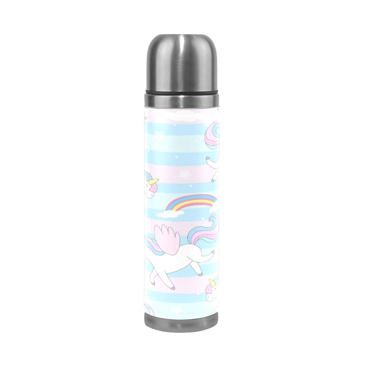 Taza de viaje aislada al vacío de acero inoxidable con doble pared a prueba de fugas, botella de taza con diseño de unicornio personalizado impreso en piel auténtica, 500 ml