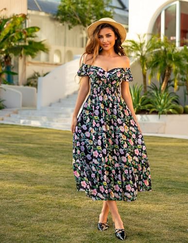 Image of GRACE KARIN Women's Summer Floral Maxi Dress 2026 Ruffle Sleeve Smocked Sundress Flowy Wedding Guest Long Dresses with Pocket