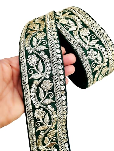 Image of Embroidery Gold Work with Sequence Design Lace Border Falls for Saree, Kurti, Dresses, Bandhani, Lehenga, Decorative Ribbon (6.5 cm Width) (6 Meter, Green)