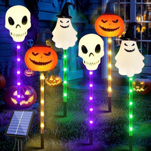 Luces Halloween Exterior 6 Piezas,Luces Solares Halloween,-Luces Calabaza,Fantasmas,Esqueletos- para Iluminación de Caminos,Jardines y Exteriores