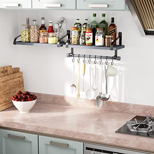 Love-Kankei Floating Shelves Wall Mounted Set Of 2, L17.3 X W7.3 Inch Storage Shelves With Wood Bar And 8 Removable Hooks For Kitchen, Coffee Bar,Bathroom, Bedroom, Living Room Weathered Grey #TOP5