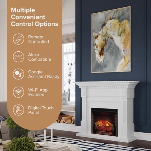 Modern Ember Augustine White Mantel Package 55" W x 48" H with 28 Inch Electric Fireplace Insert - 1,000 Sq Ft Heater 4 Flame Colors, Ember Bed Included | Alexa/WiFi Enabled - Thumbnail 5