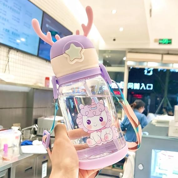 Image of YBN Cartoon Water Bottle with Straw & Strap - BPA Free, Leak-Proof, Non-Toxic, Perfect for Kids' School and Home 500ml