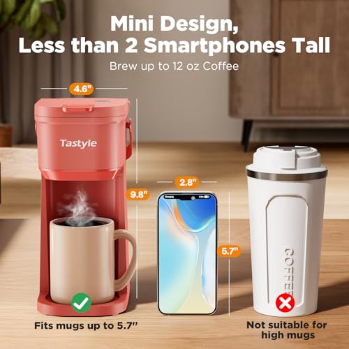 Image of Tastyle Single Serve One Cup Coffee Maker, for K Cups and Grounds, Mini Coffee Maker with Portable Handle, 6 to 12 Oz Brew Size, for Travel, Camping, Office, RV and Dorm, 120V, Salmon Pink