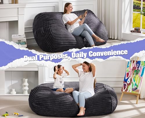 Image of Hobestluk 5FT Bean Bag Chairs Adult Bean Bag with Portable Handle Comfy Large Bean Bag Lounge Chair with Removable Cover for Living Room Bedroom (Stripe Dark Grey, 5FT)