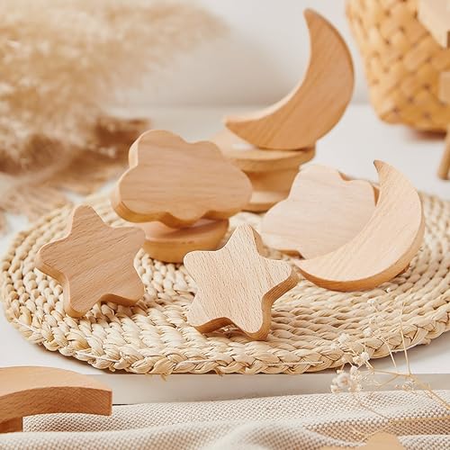AKONE Schrankknöpfe Holz, 6 Stück Möbelknöpfe Kinder, Sterne, Mond, Wolken Holzknöpfe, Knauf für Schrank, Schubladenknöpfe Naturnahe Dekoration Möbelknopf für Kommode Kinderzimmer