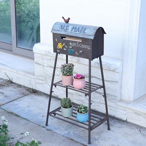 Image of Mailboxes for Outside with Plant,Metal Mailbox and Plant Stand Combination | Decorative Mailboxes Outside,Rustic Mailbox,Garden Porch Decor