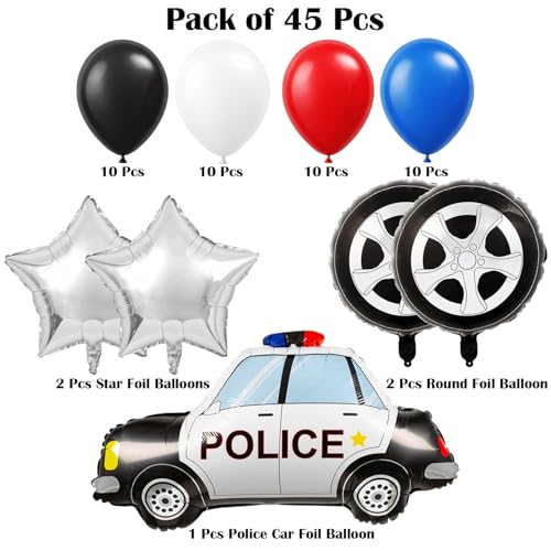 Image of Rozi Decoration Police Theme Birthday Decoration Kit 45 Pcs with Police Car Foil, Star & Wheel Balloons and Red, Blue, Black, White Latex Balloons Set for Kids Party Decoration