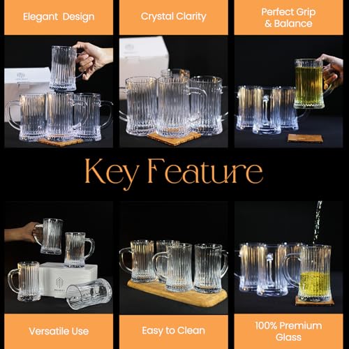 Image of Melbify Beer Mug | 550 ml | Set of 4 | Ribbed Design | Mug with Handle | Classic Beer Glasses | Premium | Heavy | Large | Perfect for Beer, Cider,Cocktails,Mocktails | Gift Set