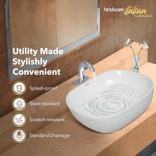 Image of Hindware Italian Collection Amazon Mini Table Top Wash Basin for Bathroom | Made of Ceramic | Star White | Square Shape | Over the Counter Basin