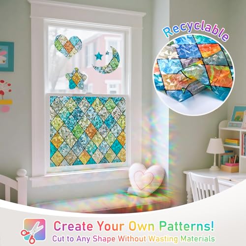 Image of Sunbaby Window Privacy Film Stained Glass Decorative Rainbow Window Cling 3D Static Clings Colorful for Home Decoration, Anti-UV & Heat Control Non-Adhesive (17.5 inchx118 inch)