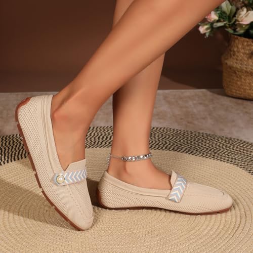 Image of Slip On Knit Loafers for Women Comfortable Casual Women's Square Toe Loafer Flats Driving Work Dress Breathable Knitted Flat Shoes with Pearl Memory Foam