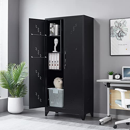 Yilfana Metal Storage Cabinet With Lockable Doors, 75" Steel Storage Locker Cleaning Tool Cabinet With Hanging Rod & S-Hooks, Tall Garage Storage Cabinet, Black, 75" H X 33.85" W X 16.53" D #TOP3